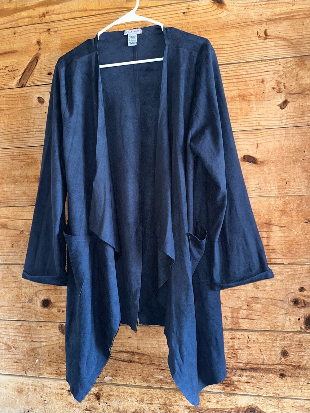 Wearables Open-Front Draped Navy Sweater Cardigan Faux Suede